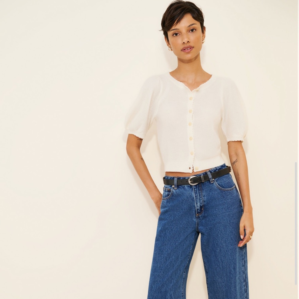 Maeve White Puff Sleeve Button-Front Top